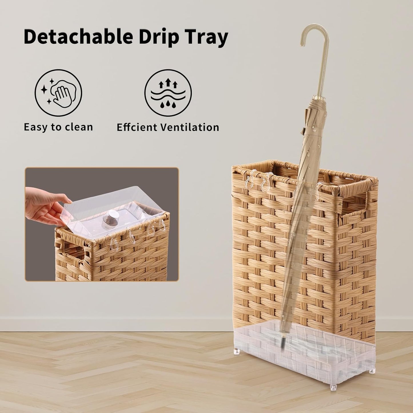 Rattan Umbrella Stand, Umbrella Holder for Entryway, Hand Woven Umbrella Rack Organizer Freestanding, with a Detachable Drip Tray, 4 Hooks, 11.8" L x 5.5" W x 16.5" H