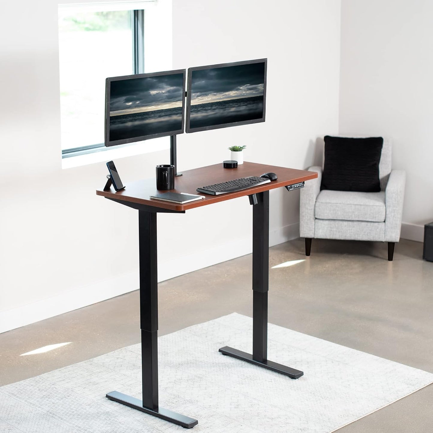 VIVO Electric 43 x 24 in Standing Desk, Memory Height Adjustment, 1B Series, One-Piece Dark Walnut Top, Black Frame, DESK-KIT-1B4D