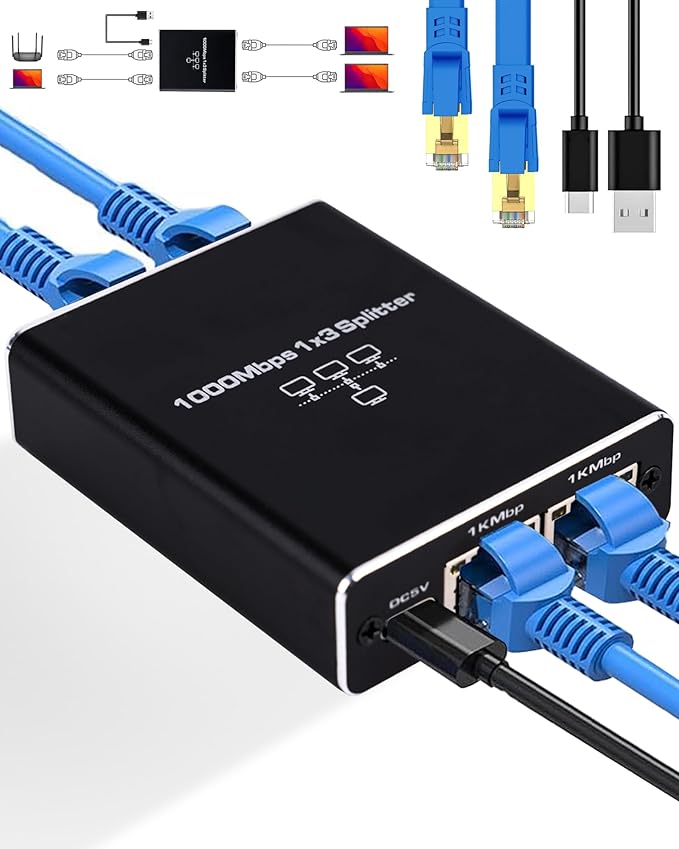 Ethernet Splitter 1 to 3, 1000Mbps High Speed Ethernet Cable Splitter by LIEZHUA