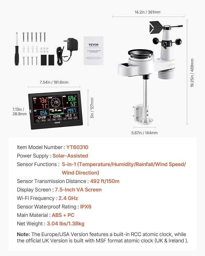 VEVOR 5-in-1 Wireless Weather Station, 7.5-Inch VA Display, Solar Powered - Image 6