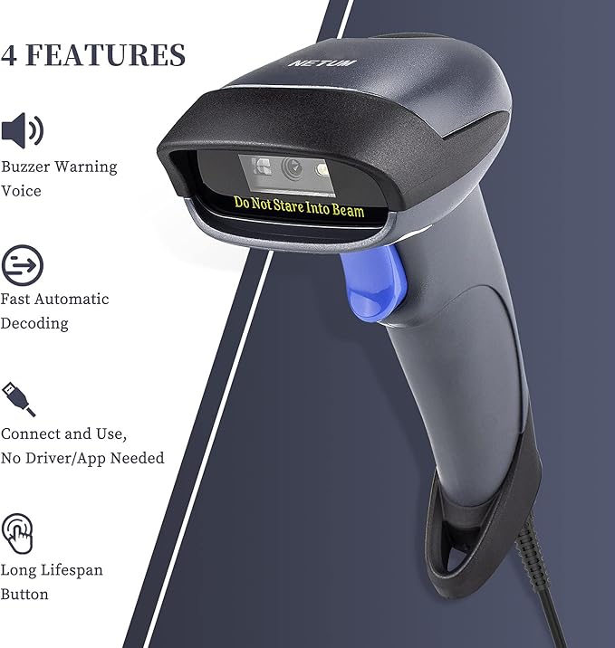 NETUM 2D Barcode Scanner with Stand USB 2.0 Wired QR Code Imager Automatic - Image 2