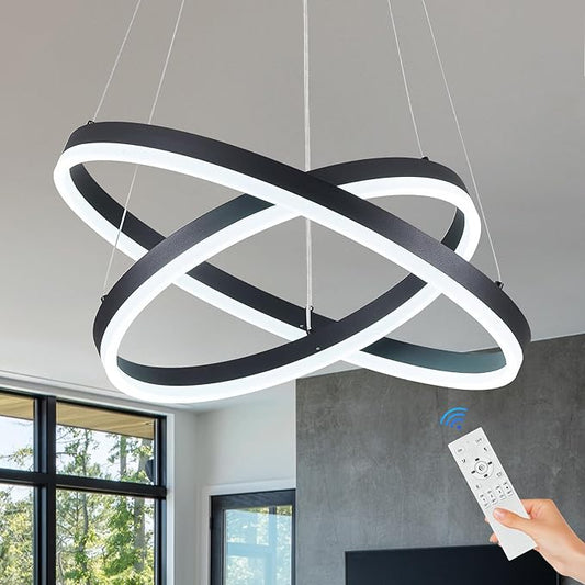 Modern LED Chandelier Black 2-Rings Pendant Light Circular Flush Mount Ceiling by Sparklelf