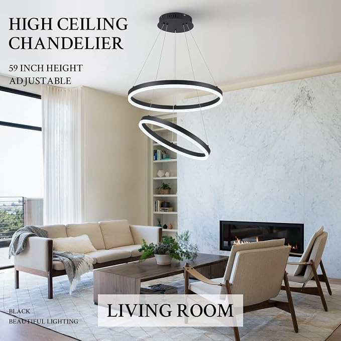 Modern LED Chandelier Black 2-Rings Pendant Light Circular Flush Mount Ceiling - Image 9