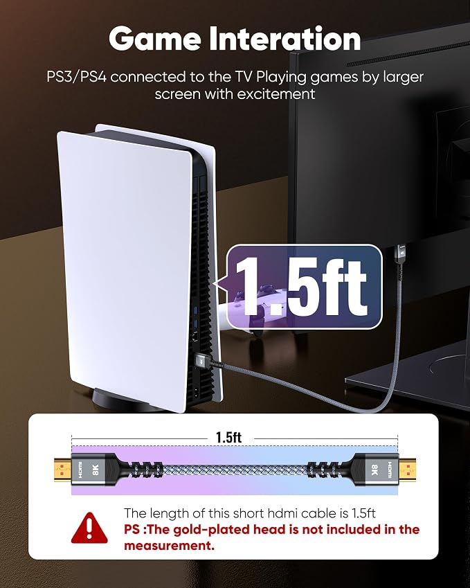 Highwings 4K Short HDMI Cable 1.72ft/52.5cm Total Length, 1.36ft/41.5cm Cable - Image 2