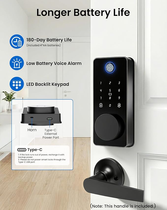 Smart Lock with 2 Lever Handle Set, Fingerprint Keyless Entry Door Lock Front - Image 9