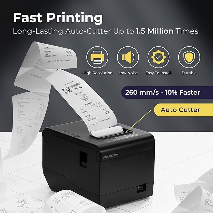 Volcora Thermal Receipt Printer, 80mm POS Printer w/Auto Cutter, USB/Ethernet - Image 3