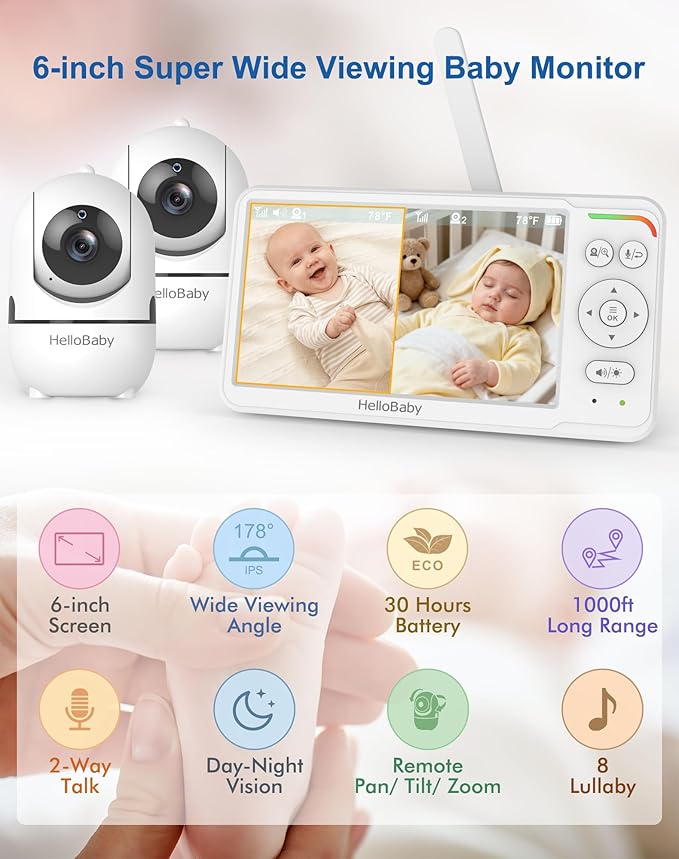 HelloBaby Baby Monitor with 2 Cameras, World First 6" IPS Split Screen - Image 3