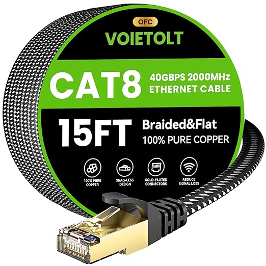 Cat 8 Ethernet Cable 15 FT Flat, High Speed 40Gbps 2000Mhz Braided Internet by EthernetCable