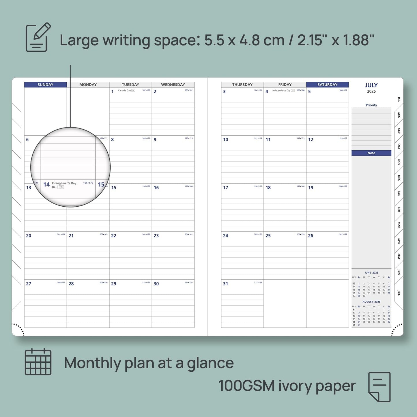 POPRUN Monthly Planner 2025-2026, 8.5'' x 11.25'', 13-Monthly Calendar (July 2025-July 2026) 15-Minute Hourly Appointment Book with Stair Tabs, Soft Cover, 100GSM Paper - Midnight Green