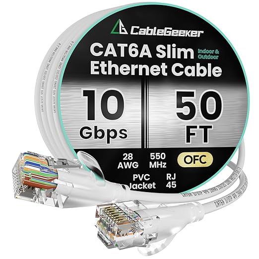 CableGeeker CAT6A Slim Ethernet Cable 50FT, 10Gbps 550MHz High Speed Network by CableGeeker