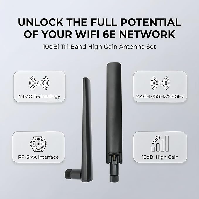 2X WiFi 6E Tri-Band Antenna 10dBi 2.4GHz/5GHz/5.8GHz High Gain MIMO RP-SMA Male - Image 2