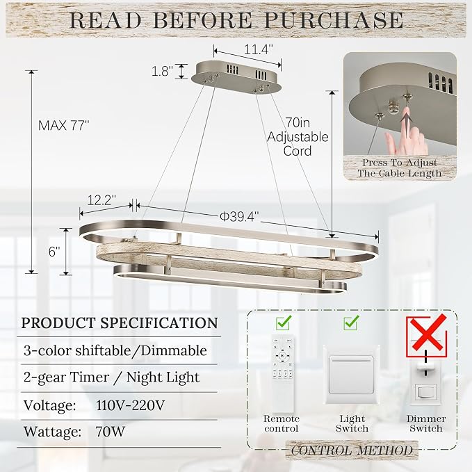 3 Ring LED Chandelier Nickel Rectangular Chandeliers 39in Wood Printed Oval - Image 5