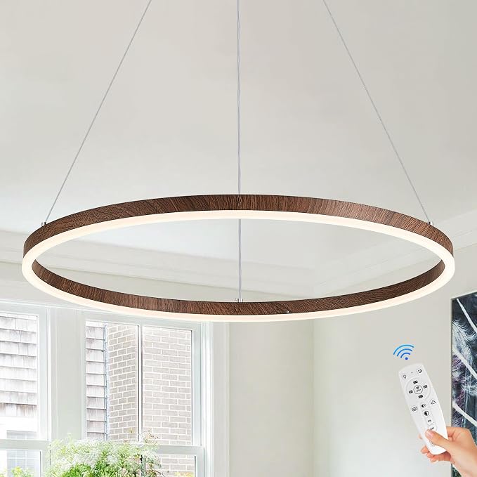 24" Ring Chandelier Modern LED Round Chandelier Wood Grain Finish Dimmable by LUMIFLYModernChandelier