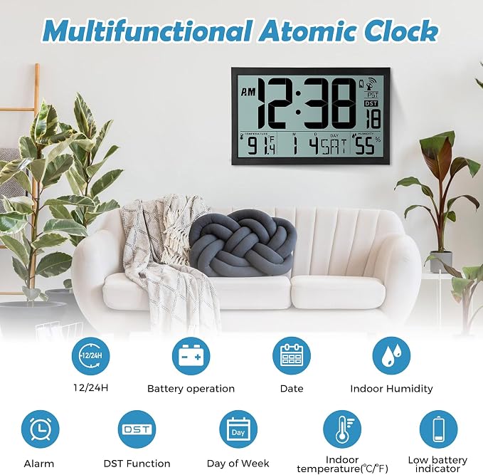 SZELAM Atomic Clock, 16.7" Large Display Digital Wall Clock Battery Operated - Image 2