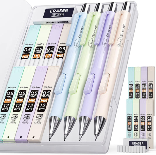 Nicpro 4PCS Pastel Mechanical Pencil 0.5mm, Cute Fast Click Mechanical Pencils Set with 100PCS HB Lead Refills, Erasers and Eraser Refills, Aesthetic School Supplies for Writing, Drawing, Sketching