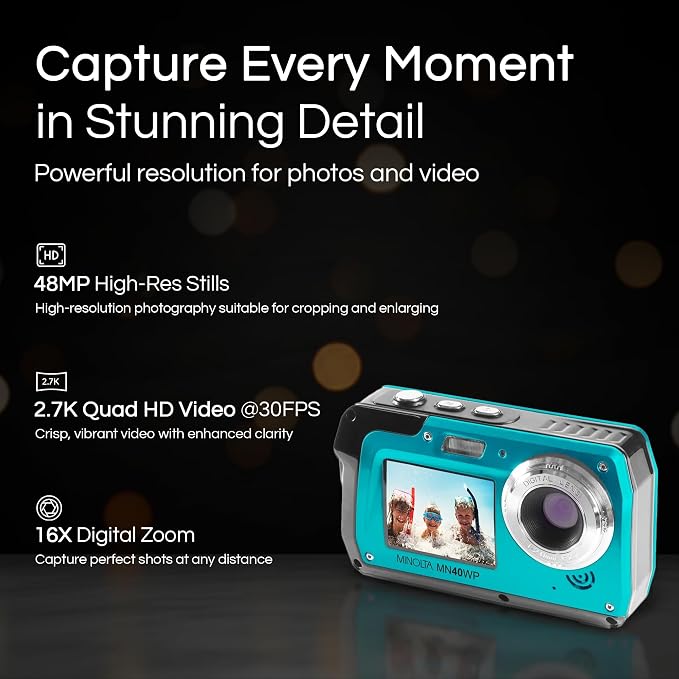 Minolta MN40WP 48MP Waterproof Digital Camera – Dual LCD Screens, 2.7K QHD Video - Image 2