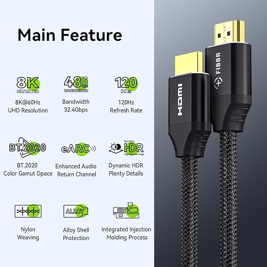 FIBBR 8K HDMI 2.1 Cable 6ft/2m, 48Gbps High Speed HDMI Cord, Support 8K@60Hz - Image 2