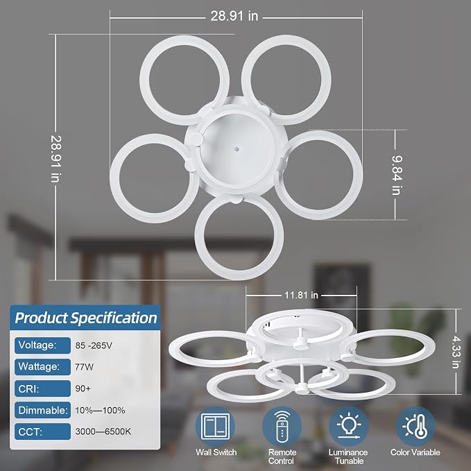 LED Ceiling Light, 6-Ring Modern Flush Mount Fixture, 77W Dimmable 3000K–6500K - Image 4