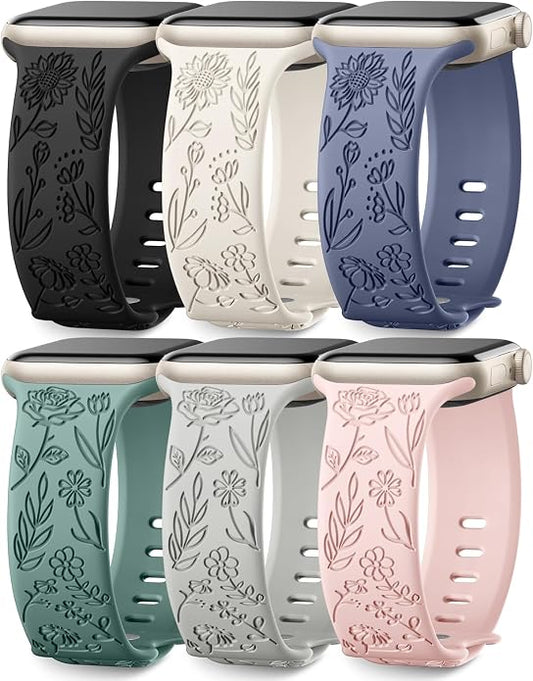 SNBLK 6 Pack Floral Engraved Bands Compatible by SNBLK