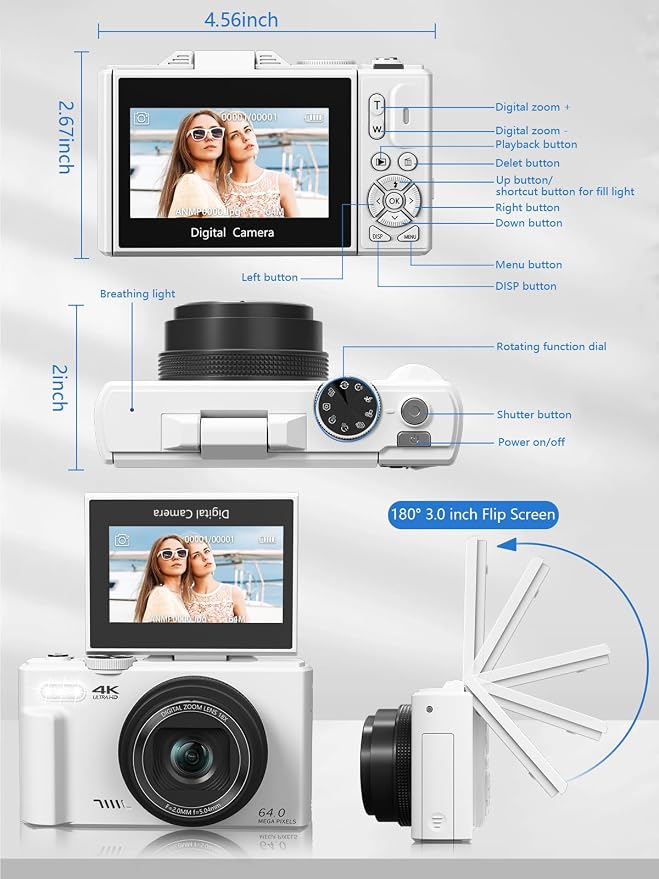 Digital Camera for Photography, 4K Vlogging Camera for YouTube 3" 180° Flip - Image 8