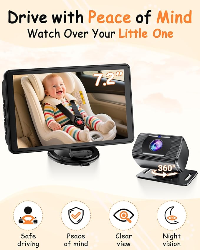 Rohent Baby Car Camera 7.2-Inch Monitor: 1080P HD Rear Facing Infant Backseat - Image 5