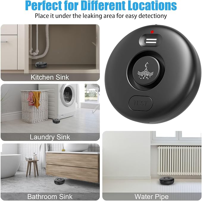 5 Pack Black Water Leak Alarm Detector, 120dB Loud Alert Water Sensor, IP66 - Image 4