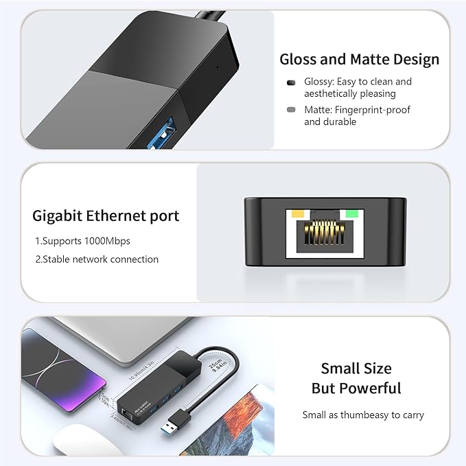 ALL-LUCKY USB Hub with Ethernet Adapter, 4-in-1 USB 3.0 Gigabit Network Hub - Image 3