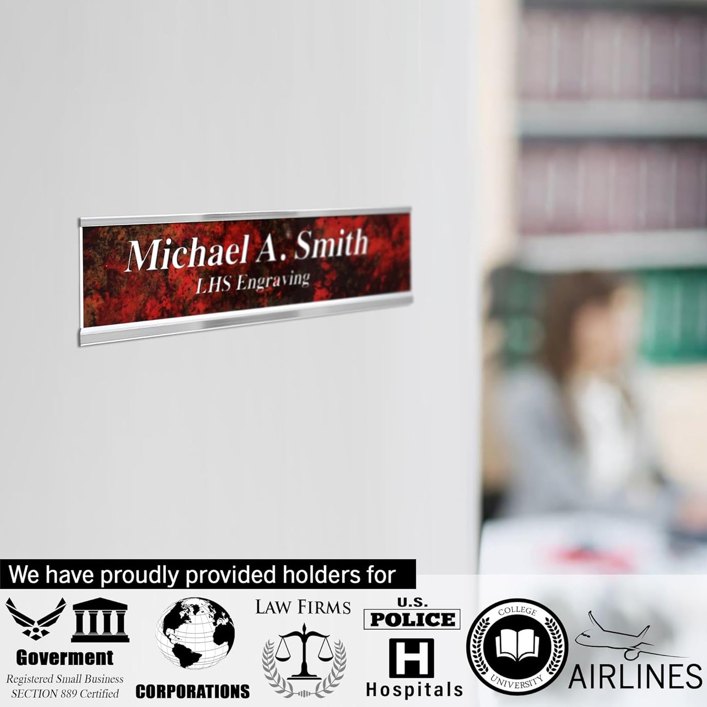 Door Name Plate Personalized for Office White Plastic Name Plate Black Letters - Made in USA 2x10 B16