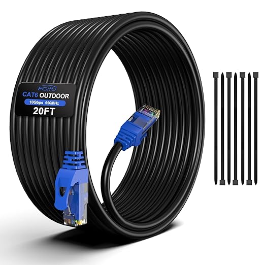 20FT Cat6 Outdoor Ethernet Cable, Heavy Duty Direct Burial, 24AWG CCA Patch Cord by ECJTU-US
