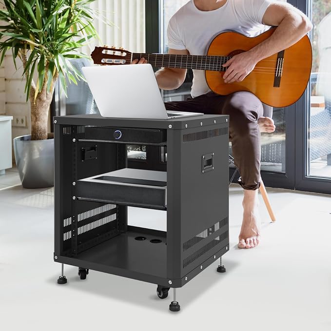 12U Home Audio & Video Stage Stereo Equipment Storage Cabinet Stand On Wheels - Image 8
