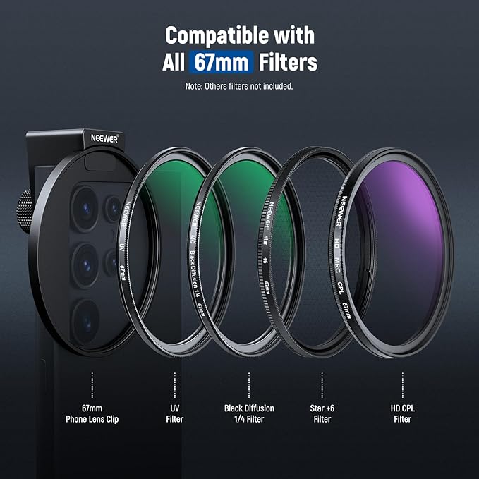 NEEWER 67mm 1/4 Black Diffusion Filter & Cold Shoe Phone Clip, Pouch & Lens - Image 6