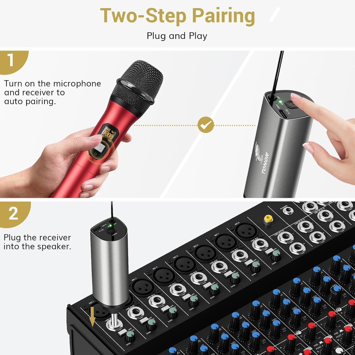 TONOR Wireless Microphones, Cordless Mic with Rechargeable Receiver, 200ft Range UHF Handheld Dynamic Microfonos Inalambricos Professional for Karaoke Singing Party Wedding Church TW630 Silver&Red