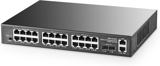 28 Port POE Switch, 24 POE+ 100Mbps, 2 Gigabit Uplink, 2 Gigabit SFP, by Binardat