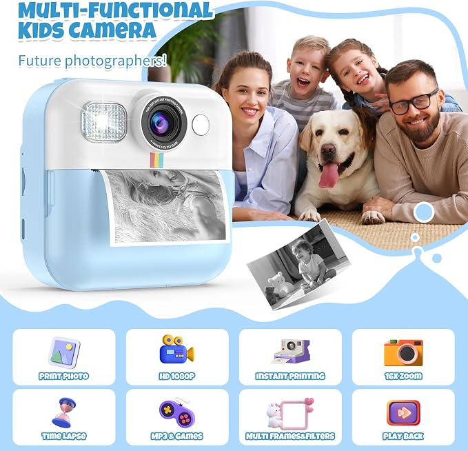 Kid Camera for Boys, Portable Toddler Blue Printing Camera Toy 1080P Video - Image 2