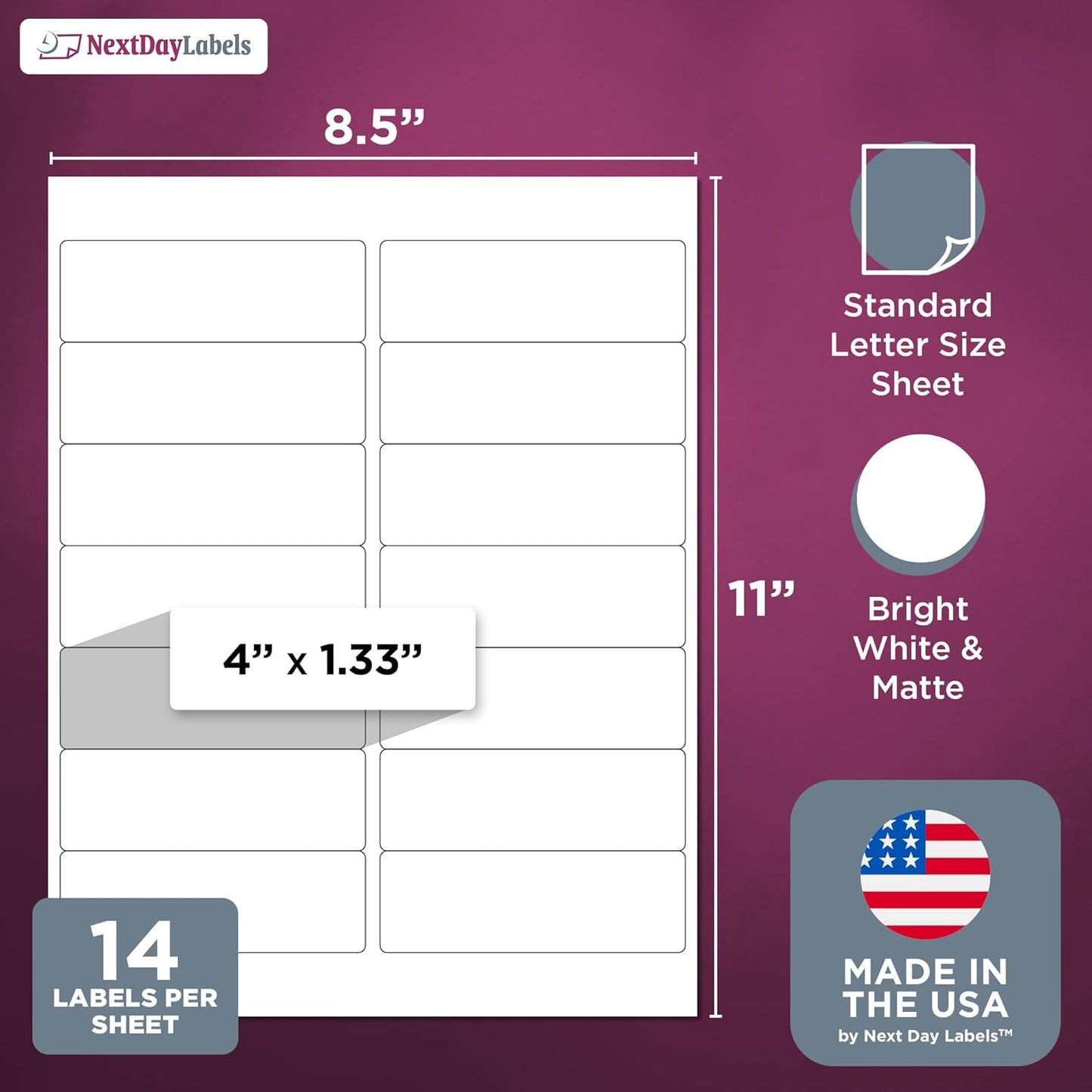 NextDayLabels – 4" x 1-1/3" Rectangular Sticker Labels for Printer - White Laser/Inkjet Printer Labels Return Address Labels Shipping Label Stickers (25 Sheets, 14 Per Sheet, 350 Labels)