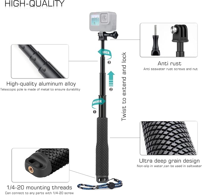 GEPULY Short Selfie Stick for GoPro/DJI/Insta360/AKASO Action Cameras - Image 3