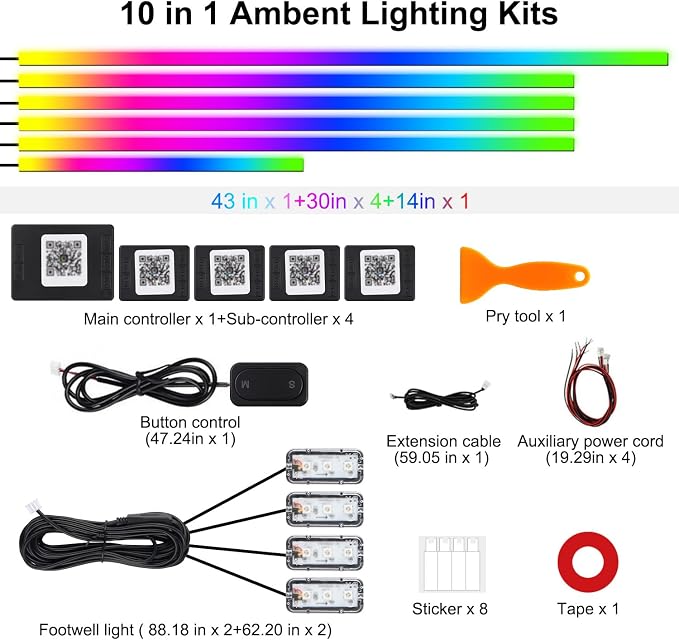 Dreamcolor Acrylic Interior Car LED Strip Lights, 10 in 1 Ambient Lighting Kit - Image 6