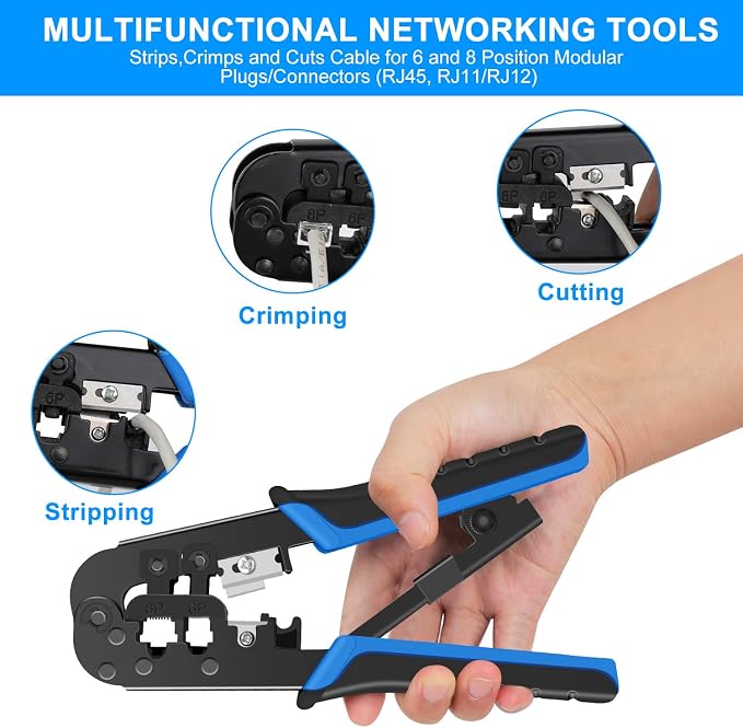 RJ45 Crimp Tool for Cat5 Cat5e Cat6, 8P/RJ-45 Crimp, Cut and Strip RJ45 - Image 3