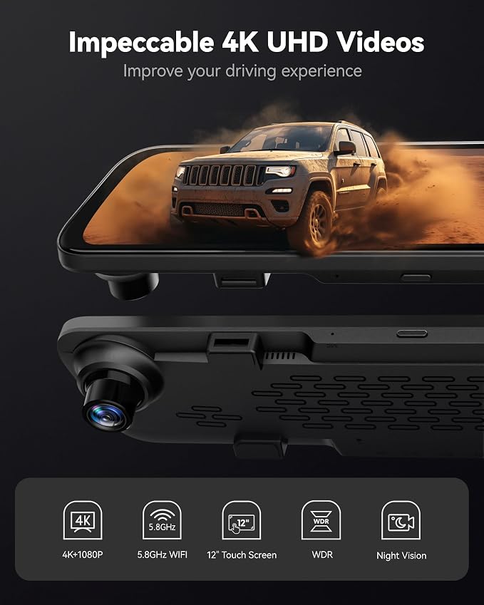 WOLFBOX G840S 12" 4K Mirror Dash Cam Backup Camera, 5.8GHz WiFi Smart Rearview - Image 2