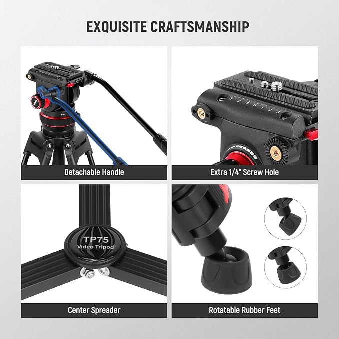 NEEWER 74" Video Tripod with Adjustable Damping Fluid Head, Metal Heavy Duty - Image 8