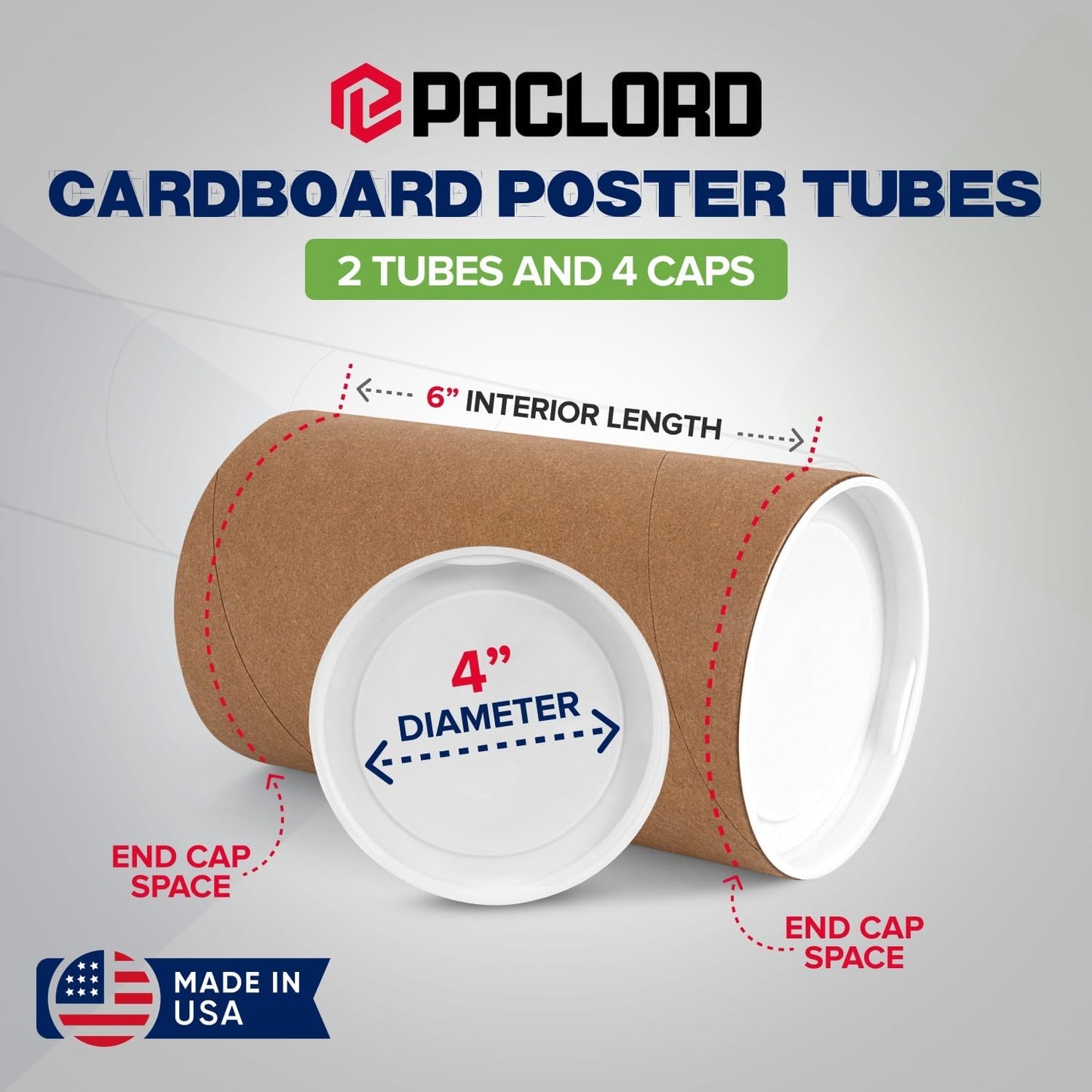 4" x 6" Reinforced Kraft Paper Mailing Tubes, Pack of 2 Tubes with 2 Caps Each – USPS Approved Poster Tube – Made in USA Cardboard Tube for Shipping and Storing Posters, Prints, Artwork, or Documents