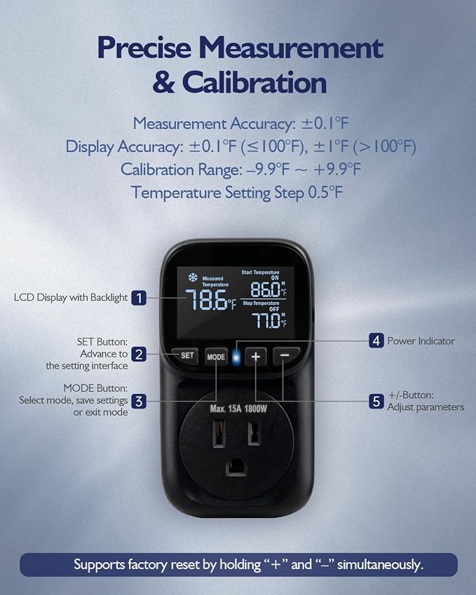 Temperature Controlled Outlet, Heavy Duty 15A 1800W Heating Cooling Thermostat - Image 4