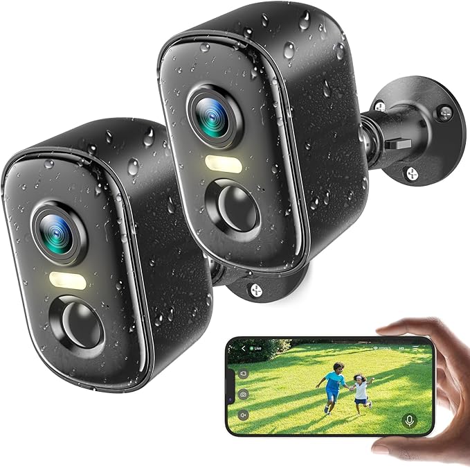 2K Security Cameras Wireless Outdoor, 2 Pack Battery Powered WiFi Cameras by Rocktone