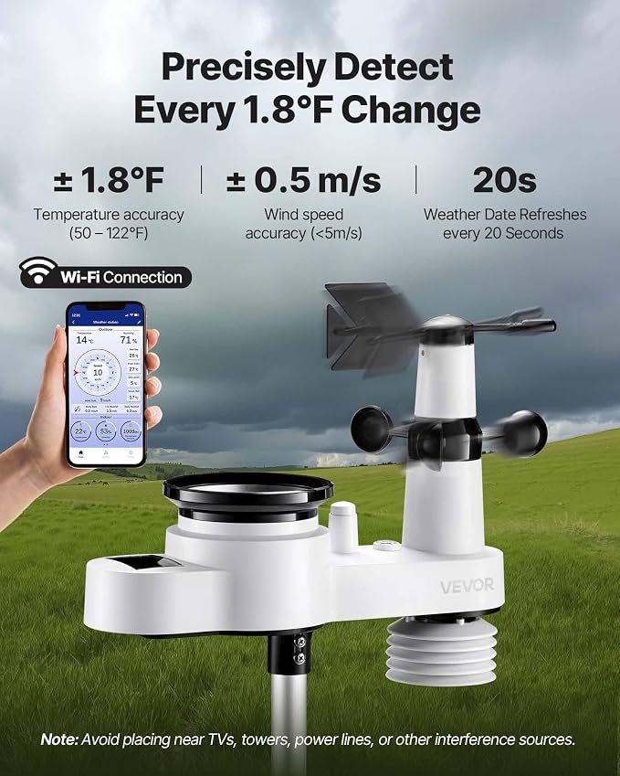 VEVOR 5-in-1 Wi-Fi Weather Station, 7.5-Inch VA Display, Wireless Solar Powered - Image 3