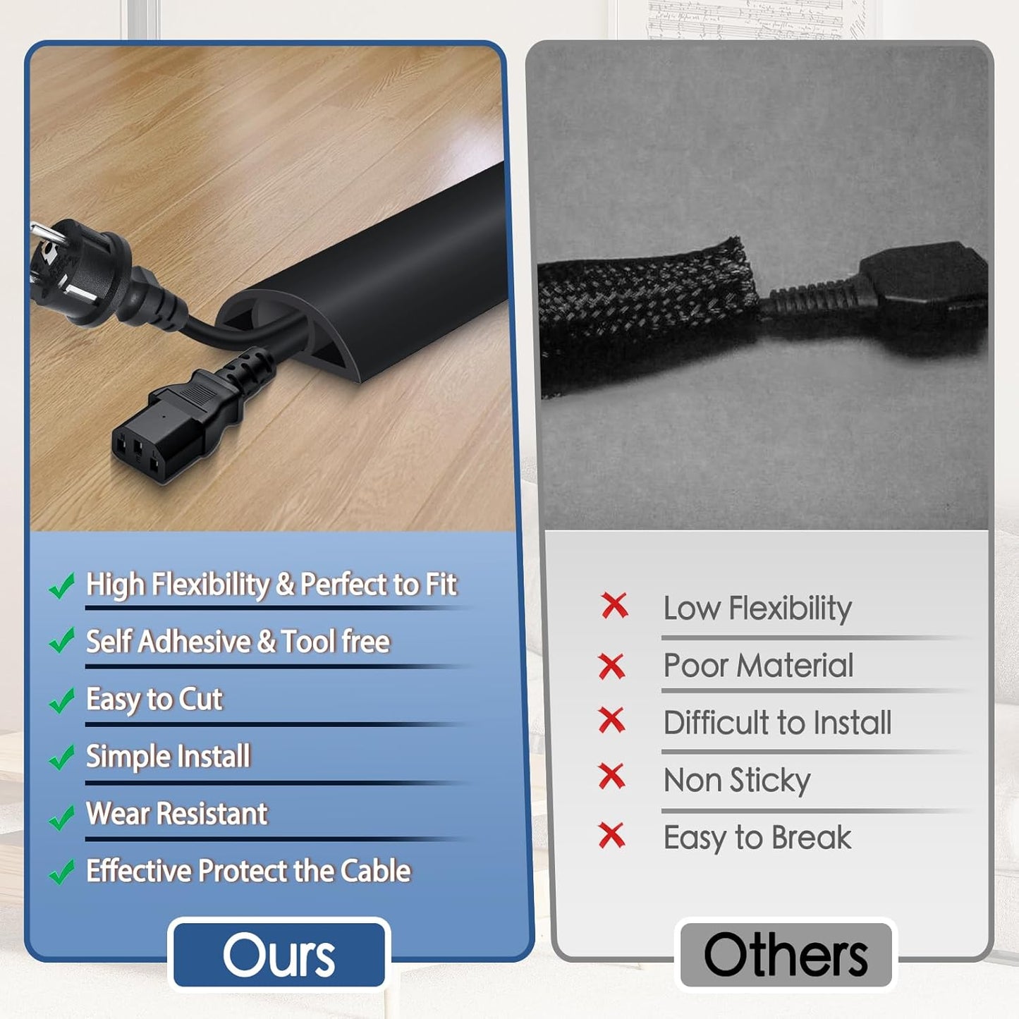 Floor Cord Cover for Wires on Floor Self Adhesive Cord Hider Floor Cable Management Wire Covers for Cords Protector Prevent Cable Trips Cord Cavity W 0.59" x H 0.31", Black, 3.3Ft