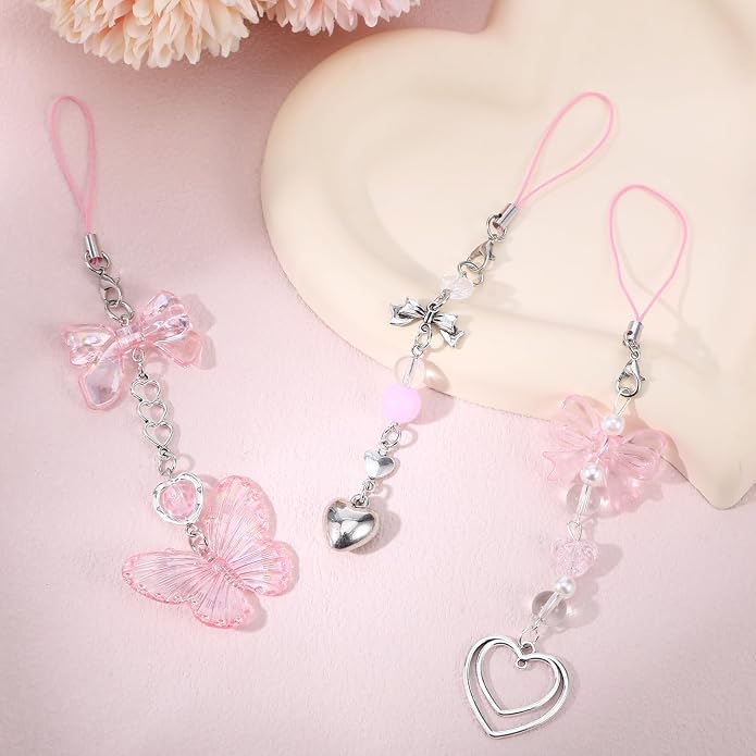 Pink Beaded Phone Wrist Straps, Y2K Phone Case Charms Camera Charm Strap - Image 4