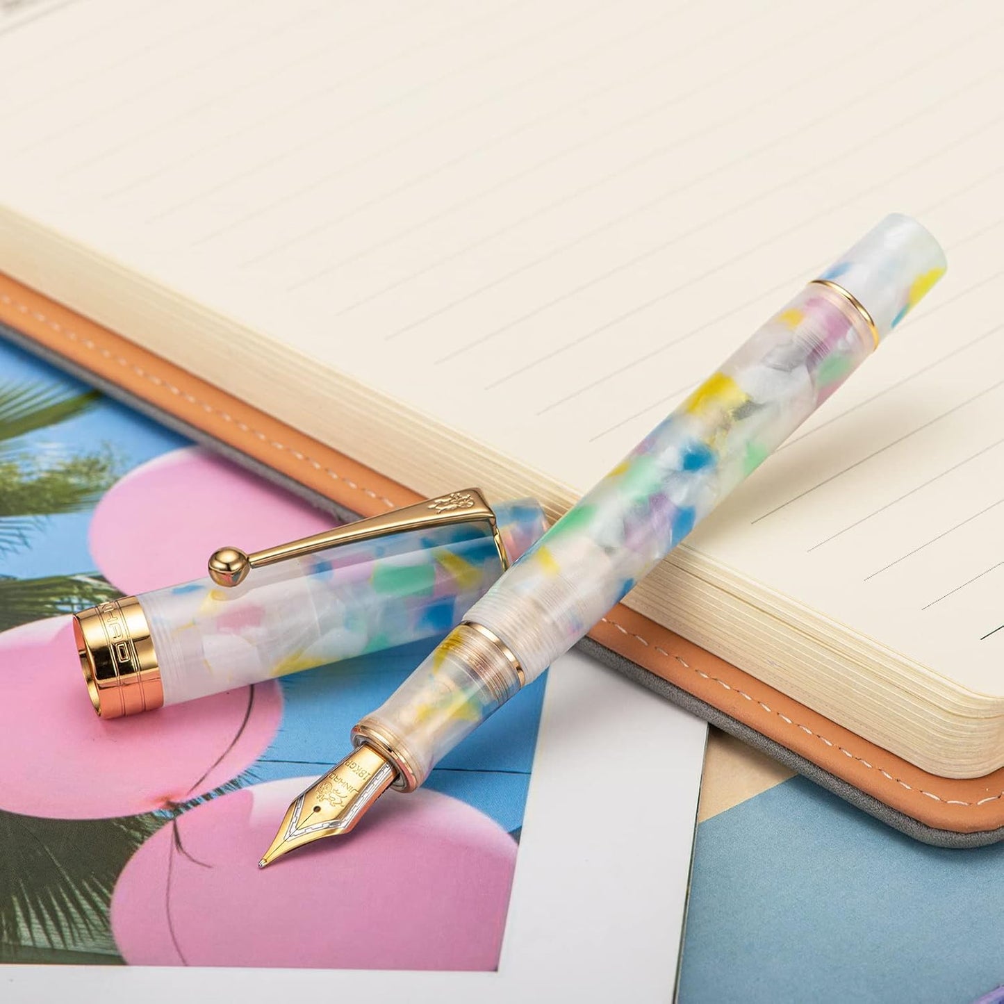 Jinhao 100 Fountain Pen Celluloid Classic Style, #6 Nib Smooth Writing Instrument with Refillable Converter and Pen Case Set