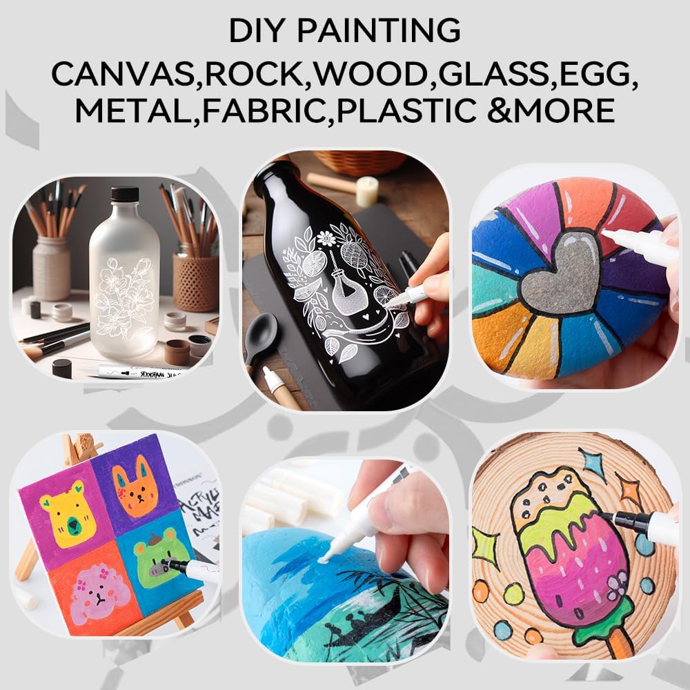 TRANSON 4 Black and 4 White Paint Markers Brush and Fine Dual-tip Acrylic Paint Marker Set for Rock Painting Glass Canvas Wood Leather Ceramic Painting