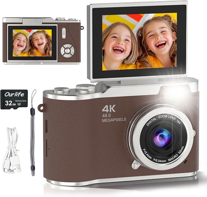 4K Digital Camera, Autofocus 48MP Selfie Vlogging Camera Compact Point and by OurlifeCameraforKids