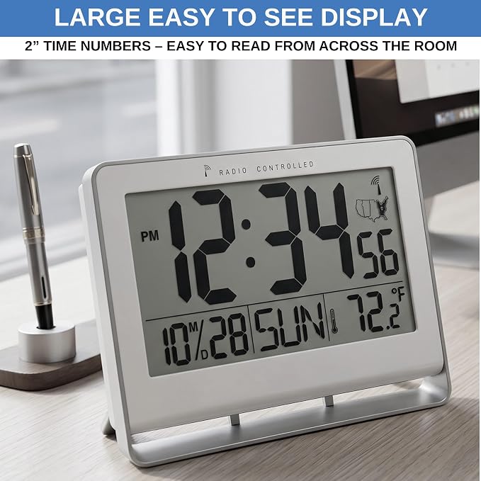 Atomic Digital Wall Clock, Battery-Operated, Large 2" LCD Numbers, Self-Setting - Image 2